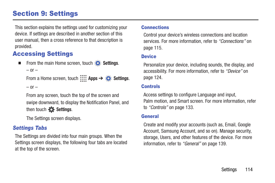 Section 9: settings, Accessing settings, For more | Samsung SM-T537AYKAATT User Manual | Page 119 / 167