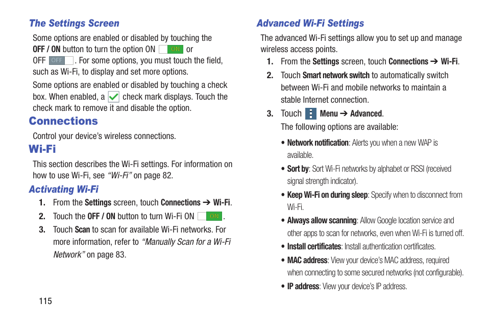 Connections, Wi-fi, Connections wi-fi | Samsung SM-T537AYKAATT User Manual | Page 120 / 167