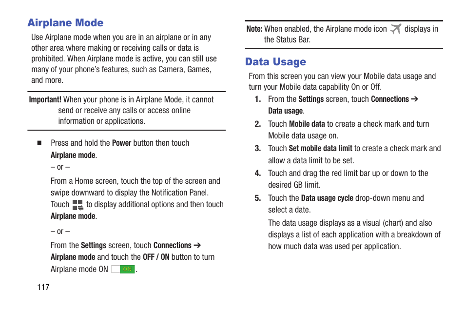 Airplane mode, Data usage, Airplane mode data usage | Samsung SM-T537AYKAATT User Manual | Page 122 / 167