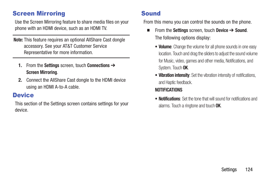 Screen mirroring, Device, Sound | Screen mirroring device sound, For more information, refer to “sound | Samsung SM-T537AYKAATT User Manual | Page 129 / 167