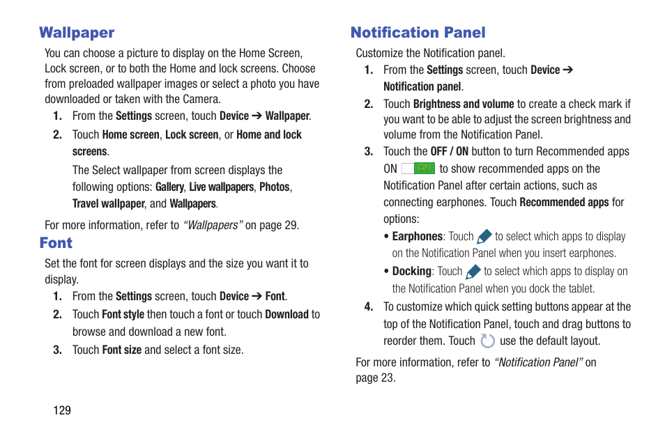 Wallpaper, Font, Notification panel | Wallpaper font notification panel | Samsung SM-T537AYKAATT User Manual | Page 134 / 167