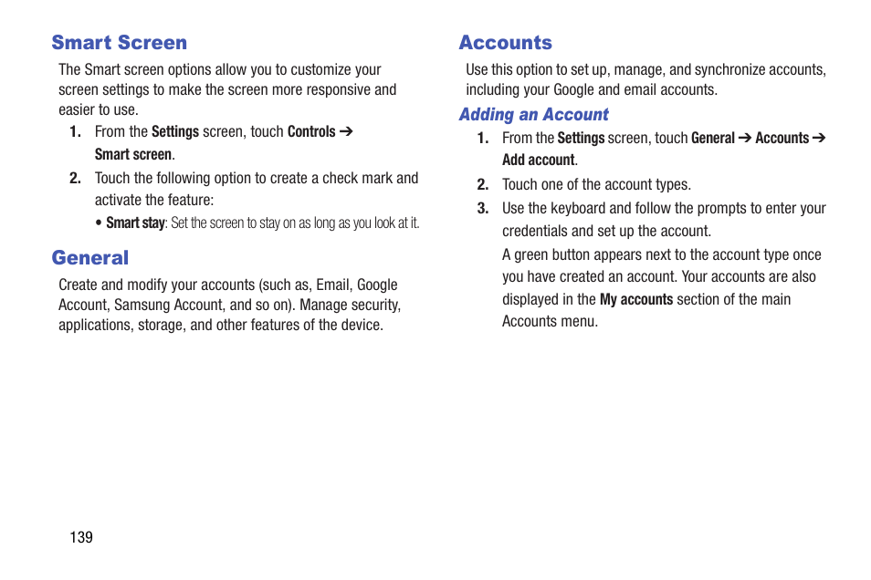 Smart screen, General, Accounts | Smart screen general accounts | Samsung SM-T537AYKAATT User Manual | Page 144 / 167