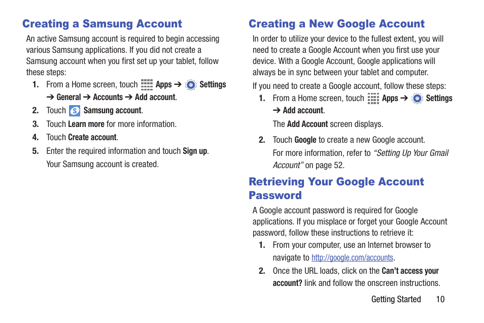 Creating a samsung account, Creating a new google account, Retrieving your google account password | Samsung SM-T537AYKAATT User Manual | Page 15 / 167