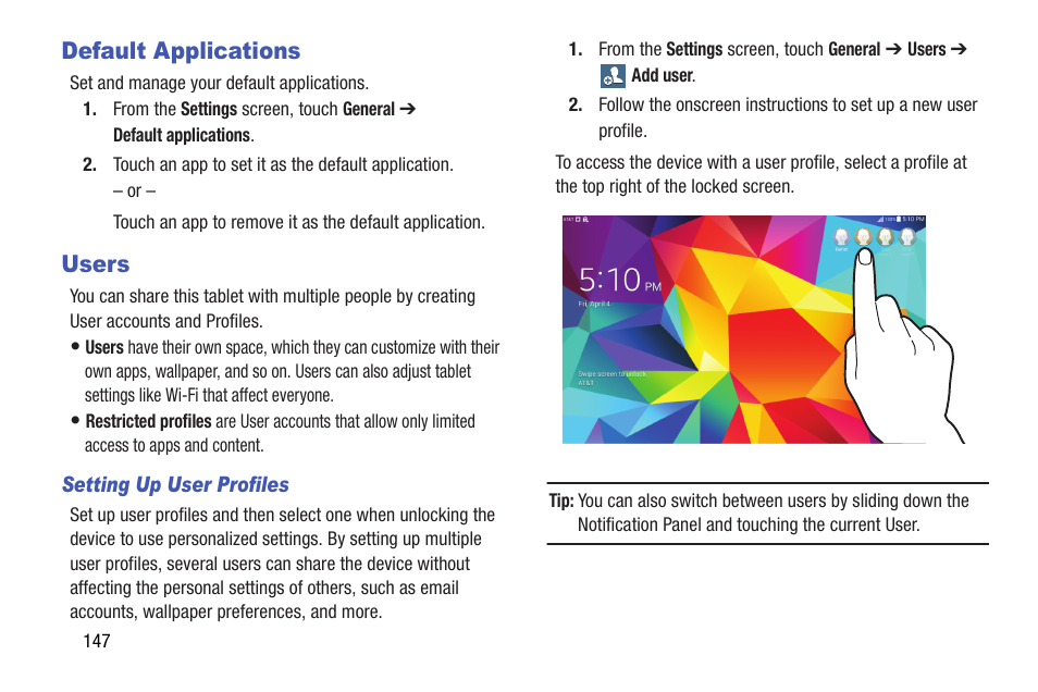 Default applications, Users, Default applications users | Samsung SM-T537AYKAATT User Manual | Page 152 / 167