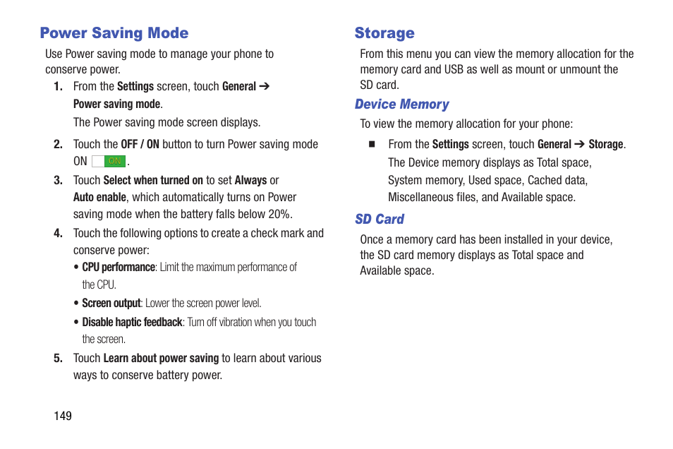Power saving mode, Storage, Power saving mode storage | Samsung SM-T537AYKAATT User Manual | Page 154 / 167