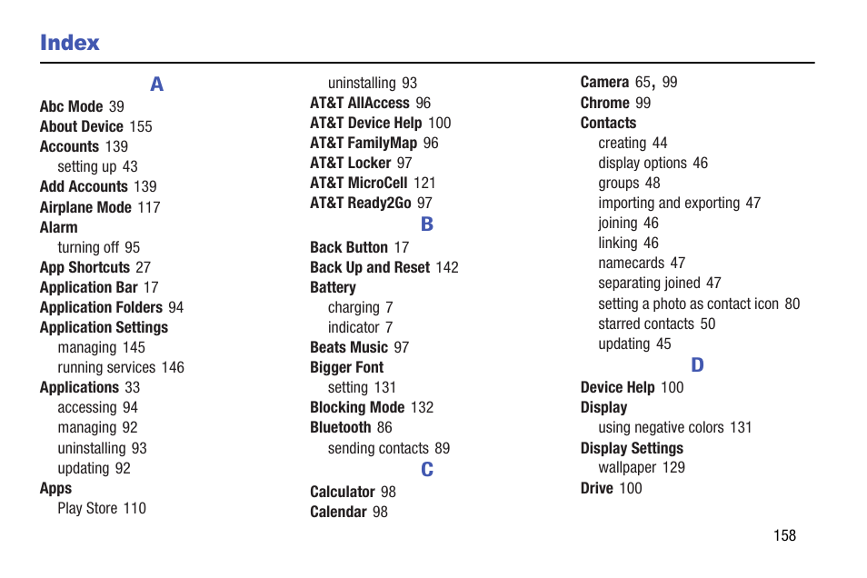 Index | Samsung SM-T537AYKAATT User Manual | Page 163 / 167