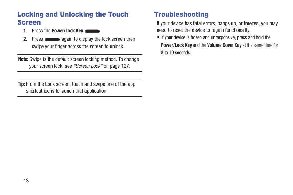Locking and unlocking the touch screen, Troubleshooting | Samsung SM-T537AYKAATT User Manual | Page 18 / 167