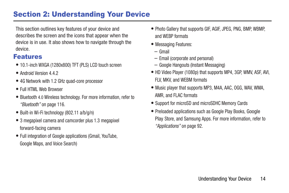 Section 2: understanding your device, Features | Samsung SM-T537AYKAATT User Manual | Page 19 / 167