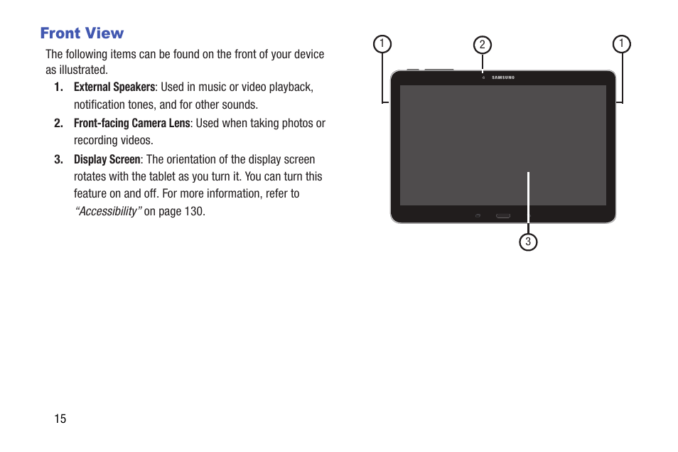 Front view | Samsung SM-T537AYKAATT User Manual | Page 20 / 167