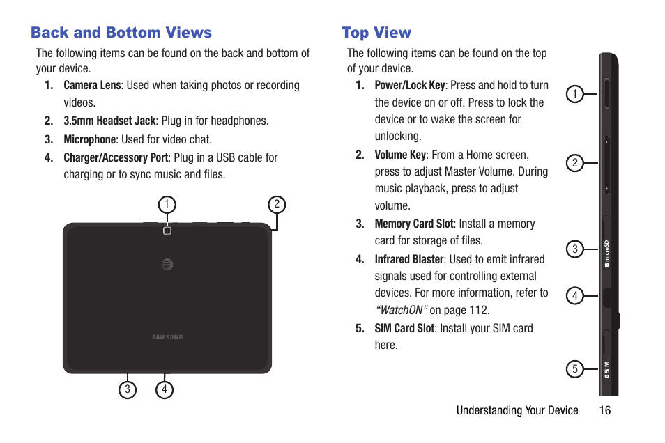 Back and bottom views, Top view, Back and bottom views top view | Samsung SM-T537AYKAATT User Manual | Page 21 / 167