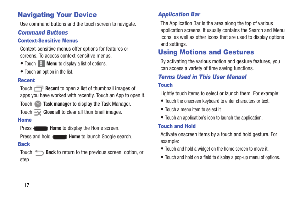 Navigating your device, Using motions and gestures, Navigating your device using motions and gestures | Samsung SM-T537AYKAATT User Manual | Page 22 / 167