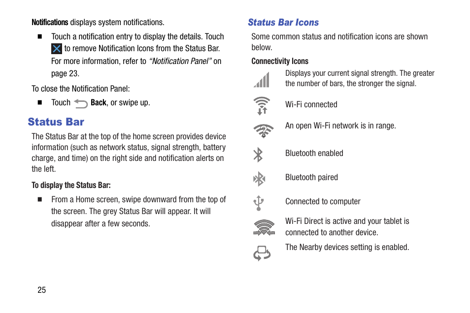 Status bar | Samsung SM-T537AYKAATT User Manual | Page 30 / 167