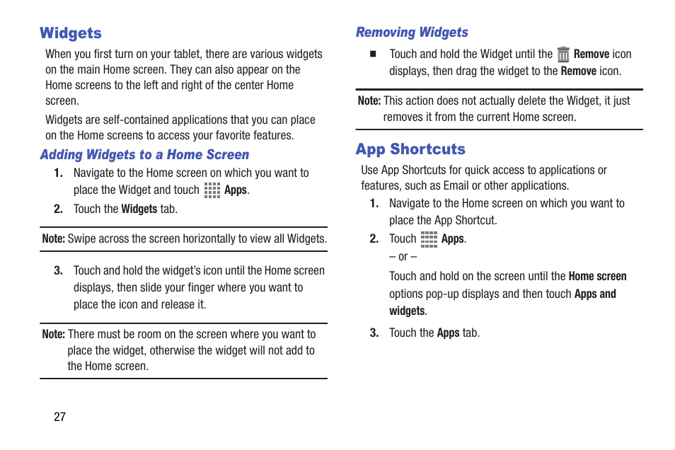 Widgets, App shortcuts, Widgets app shortcuts | For more information, refer to, Ions. for | Samsung SM-T537AYKAATT User Manual | Page 32 / 167