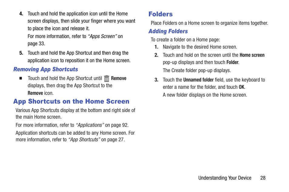 App shortcuts on the home screen, Folders, App shortcuts on the home screen folders | For more | Samsung SM-T537AYKAATT User Manual | Page 33 / 167