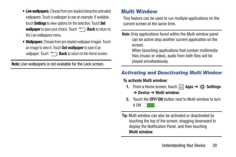 Multi window | Samsung SM-T537AYKAATT User Manual | Page 35 / 167