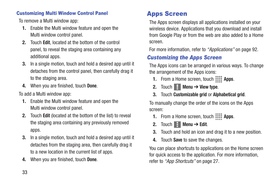 Apps screen, For more information, refer to “apps screen” on | Samsung SM-T537AYKAATT User Manual | Page 38 / 167