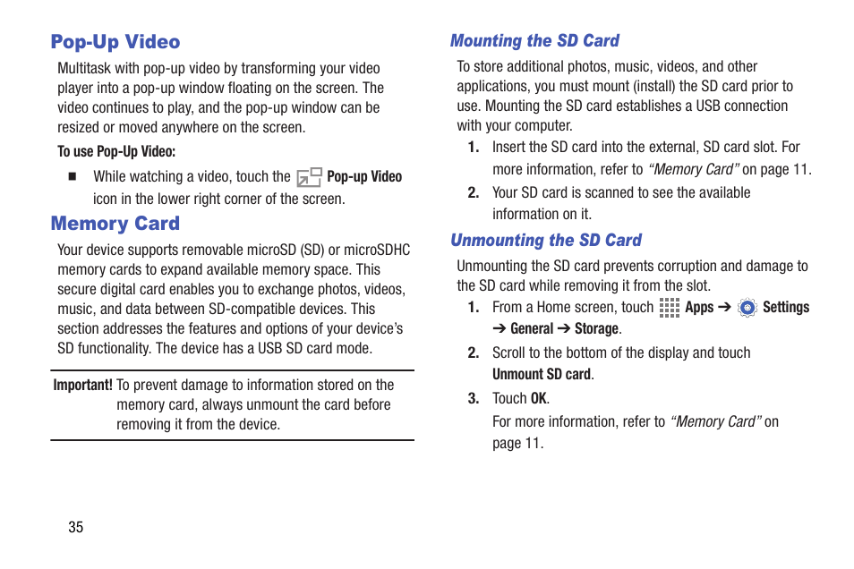 Pop-up video, Memory card, Pop-up video memory card | Samsung SM-T537AYKAATT User Manual | Page 40 / 167