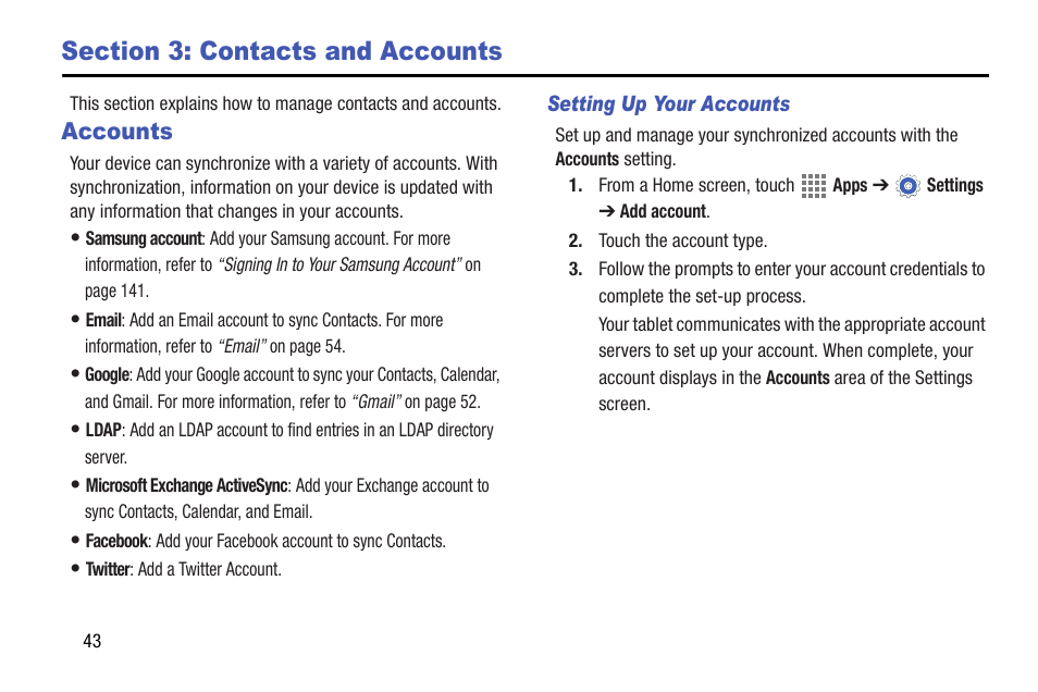 Section 3: contacts and accounts, Accounts | Samsung SM-T537AYKAATT User Manual | Page 48 / 167