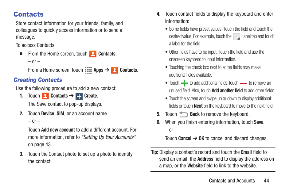 Contacts | Samsung SM-T537AYKAATT User Manual | Page 49 / 167