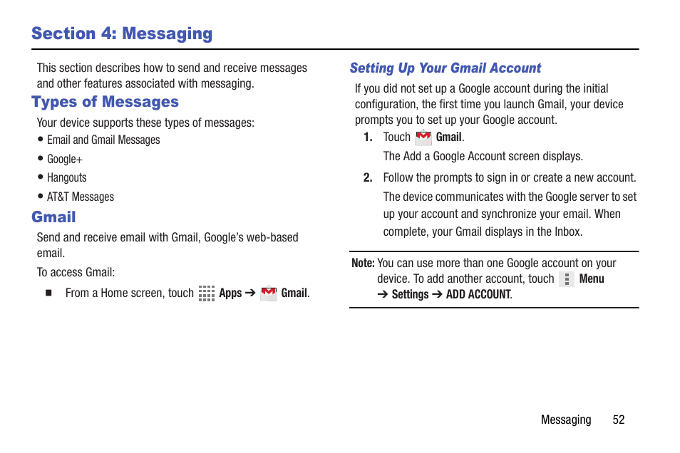 Section 4: messaging, Types of messages, Gmail | Types of messages gmail | Samsung SM-T537AYKAATT User Manual | Page 57 / 167