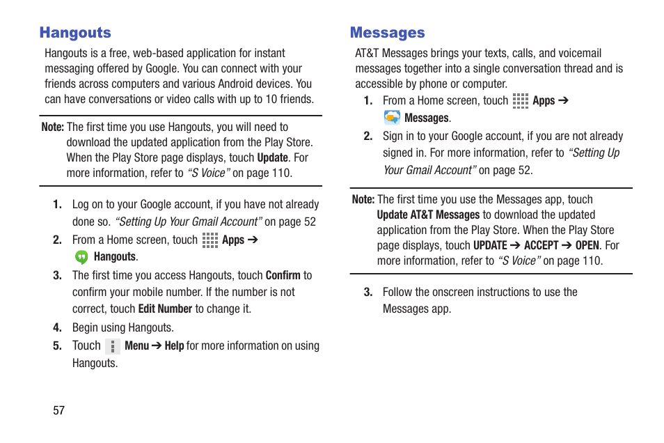 Hangouts, Messages, Hangouts messages | Samsung SM-T537AYKAATT User Manual | Page 62 / 167