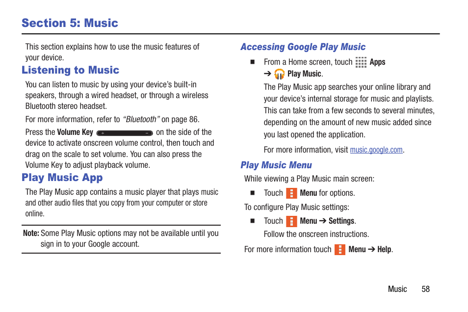 Section 5: music, Listening to music, Play music app | Listening to music play music app | Samsung SM-T537AYKAATT User Manual | Page 63 / 167