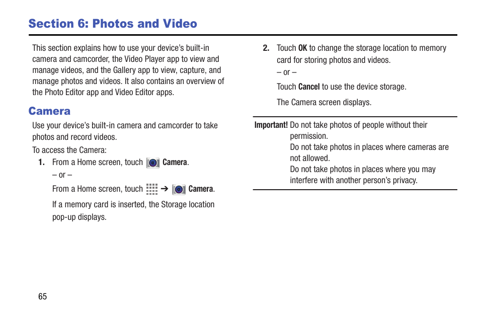 Section 6: photos and video, Camera | Samsung SM-T537AYKAATT User Manual | Page 70 / 167