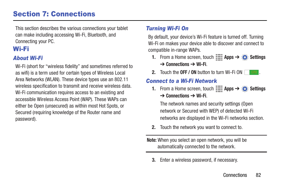 Section 7: connections, Wi-fi | Samsung SM-T537AYKAATT User Manual | Page 87 / 167
