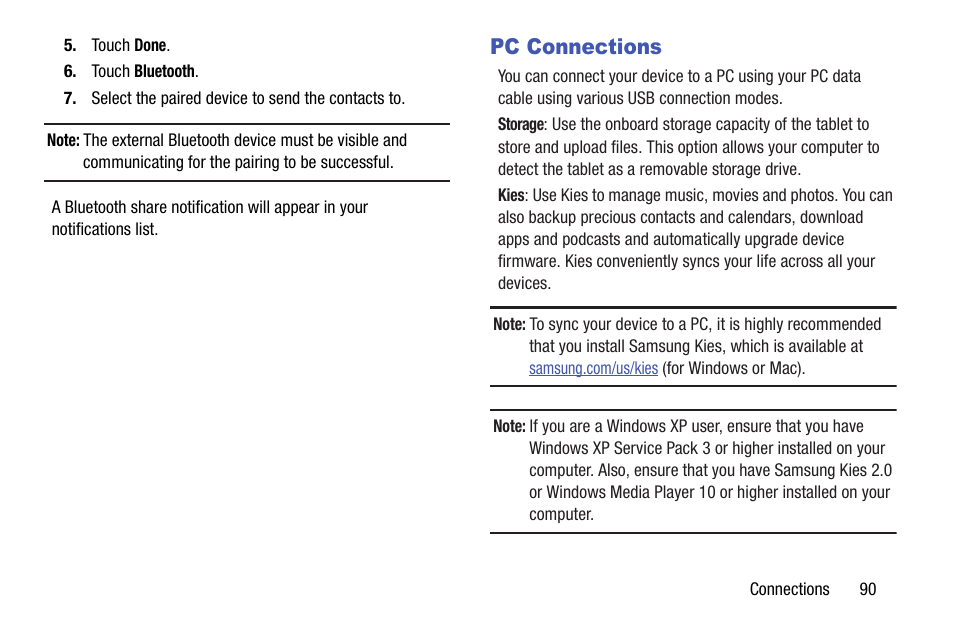 Pc connections | Samsung SM-T537AYKAATT User Manual | Page 95 / 167