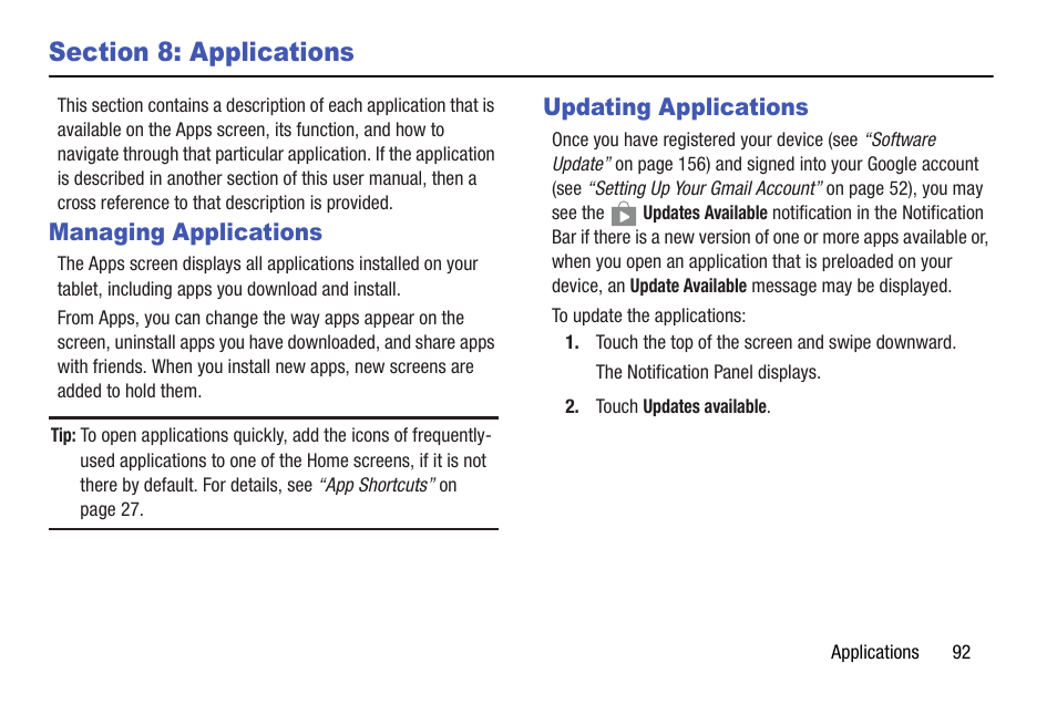 Section 8: applications, Managing applications, Updating applications | Managing applications updating applications, For more information, refer to | Samsung SM-T537AYKAATT User Manual | Page 97 / 167