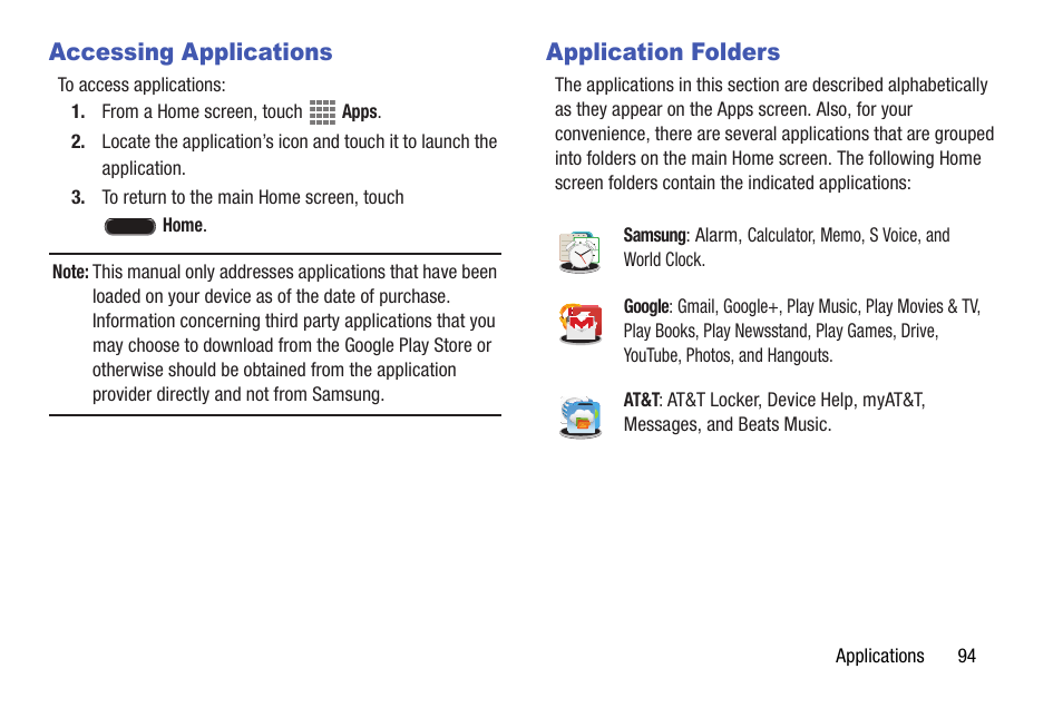 Accessing applications, Application folders, Accessing applications application folders | Samsung SM-T537AYKAATT User Manual | Page 99 / 167