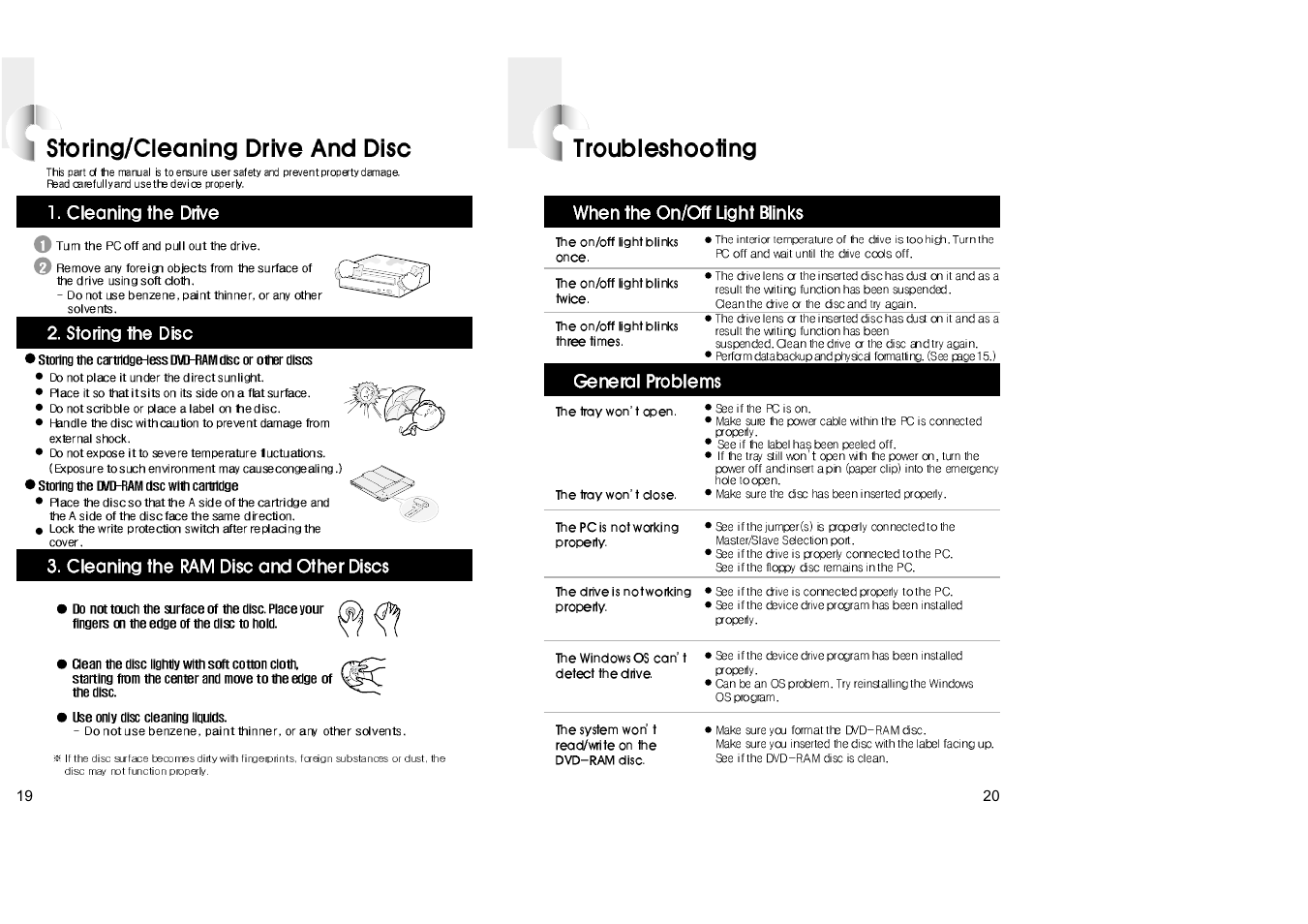 Storing/cleaning drive and disc | Samsung SR-T03BEBB User Manual | Page 12 / 15