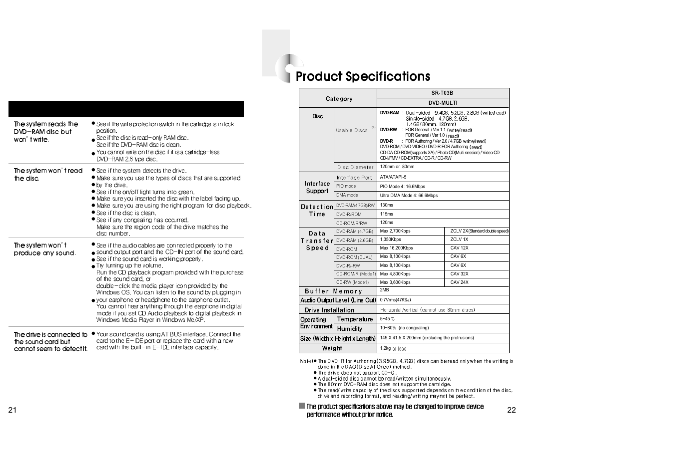 Product specifications | Samsung SR-T03BEBB User Manual | Page 13 / 15
