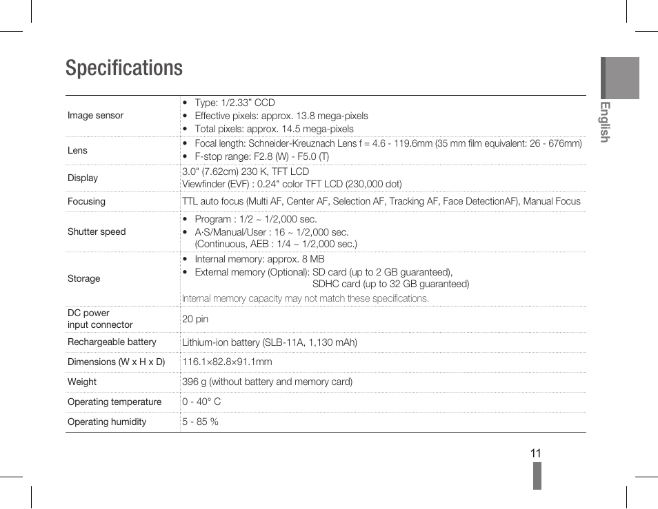 Specifications | Samsung EC-HZ50WZBPBUS User Manual | Page 11 / 22