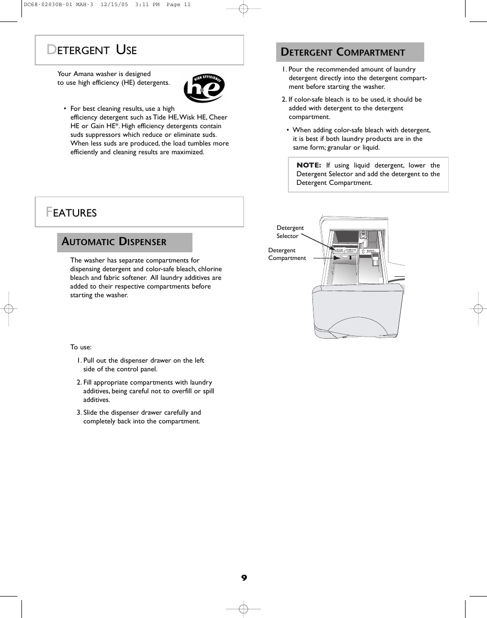 Etergent, Eatures | Amana NFW7200TW User Manual | Page 10 / 52