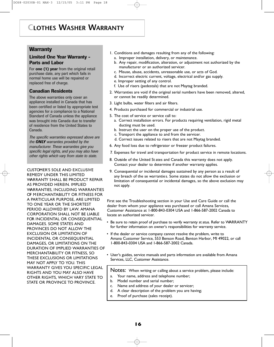 Lothes, Asher, Arranty | Warranty, What is not covered by these warranties, If you need service | Amana NFW7200TW User Manual | Page 17 / 52