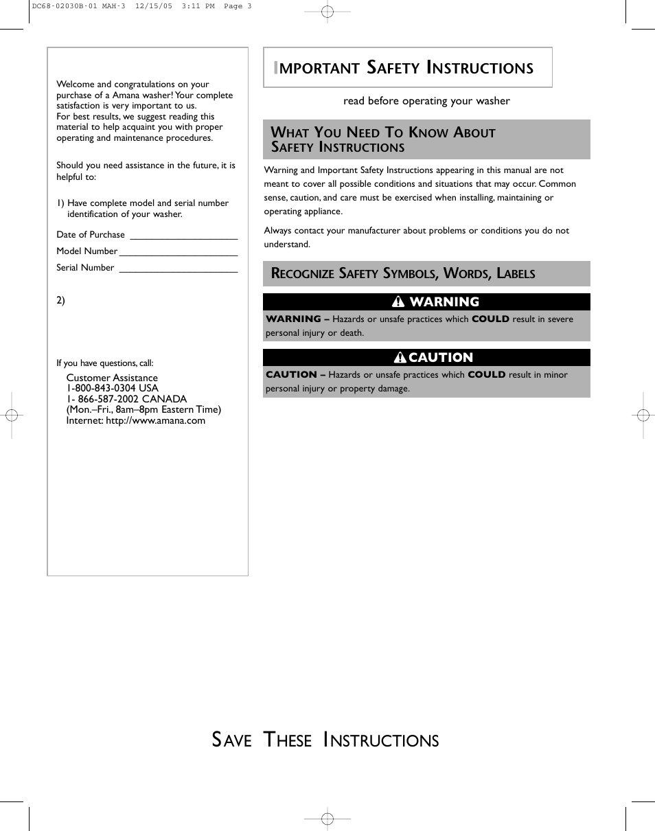 Hese, Nstructions | Amana NFW7200TW User Manual | Page 2 / 52
