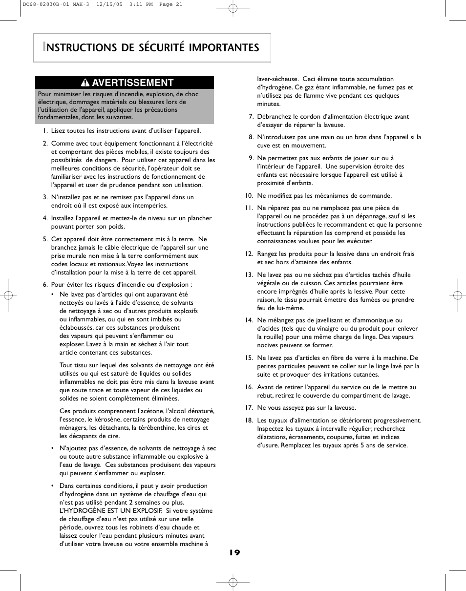Nstructions de sécurité importantes, Avertissement | Amana NFW7200TW User Manual | Page 20 / 52