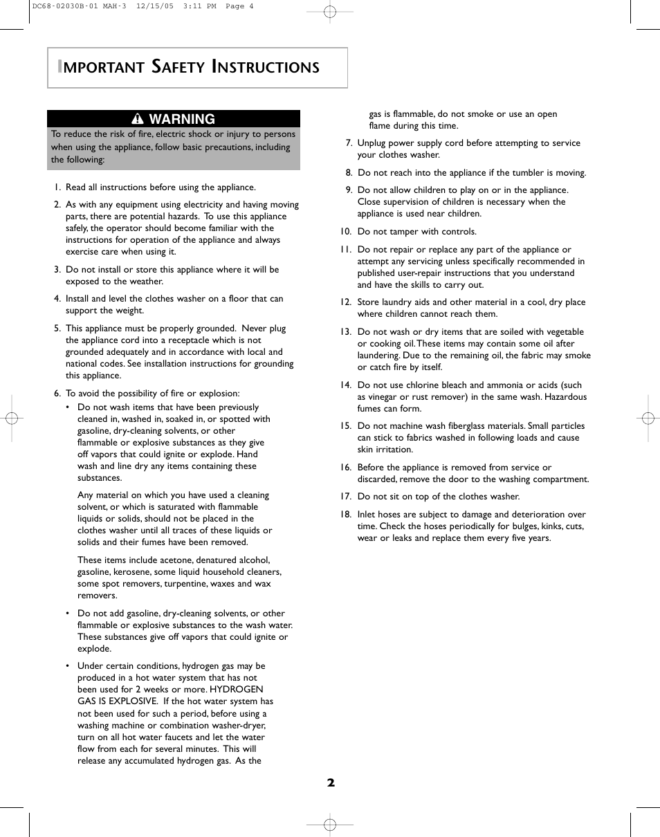 Mportant, Afety, Nstructions | Warning | Amana NFW7200TW User Manual | Page 3 / 52