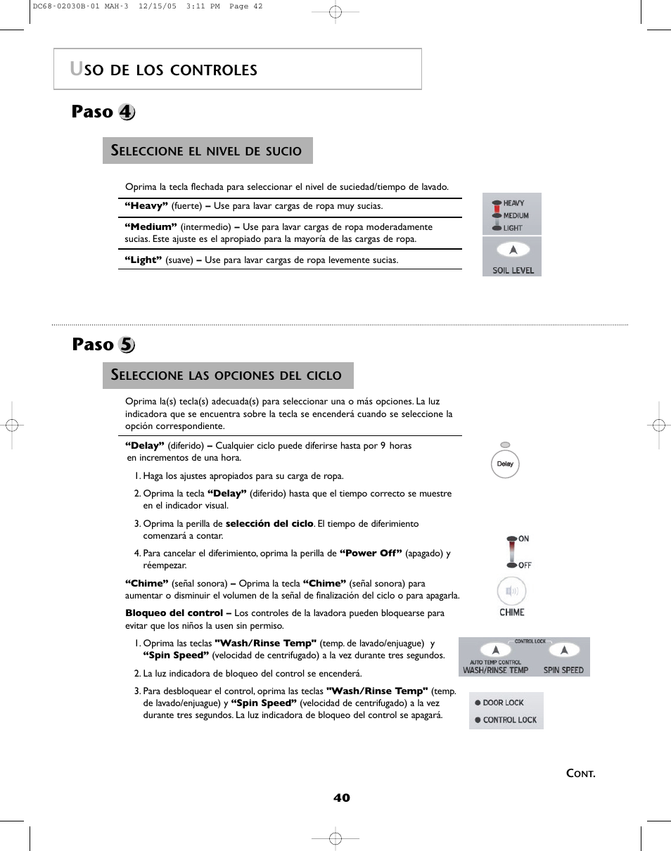 Paso 4, Paso 5, So de los controles | Amana NFW7200TW User Manual | Page 41 / 52