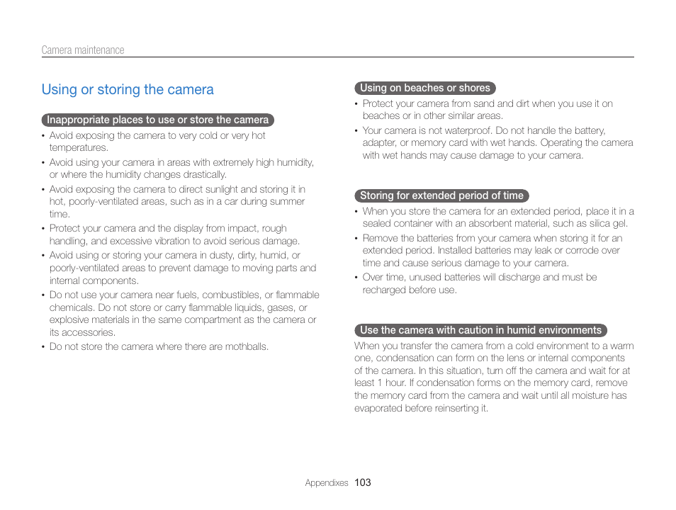 Using or storing the camera, Using or storing the camera ………………………… 103 | Samsung EC-PL170ZBPBUS User Manual | Page 104 / 127