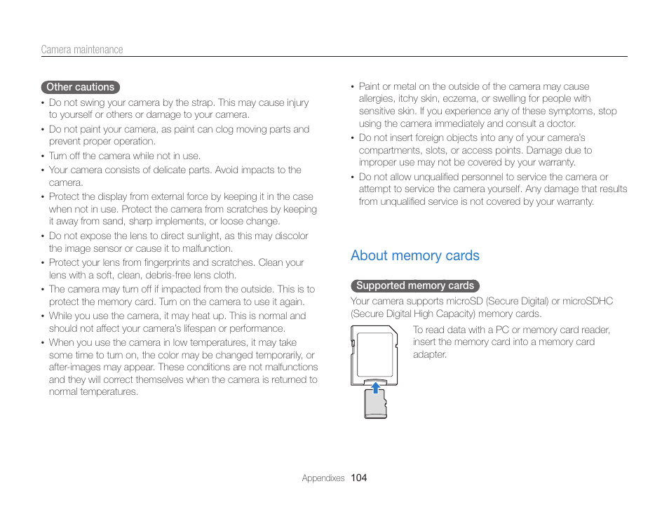 About memory cards, About memory cards ……………………………… 104 | Samsung EC-PL170ZBPBUS User Manual | Page 105 / 127