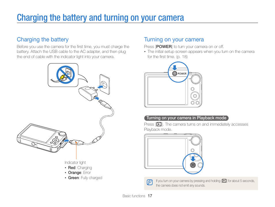 Charging the battery and turning on your camera, Charging the battery, Turning on your camera | Charging the battery and turning on your, Camera, Charging the battery ……………………… 17, Turning on your camera ………………… 17 | Samsung EC-PL170ZBPBUS User Manual | Page 18 / 127