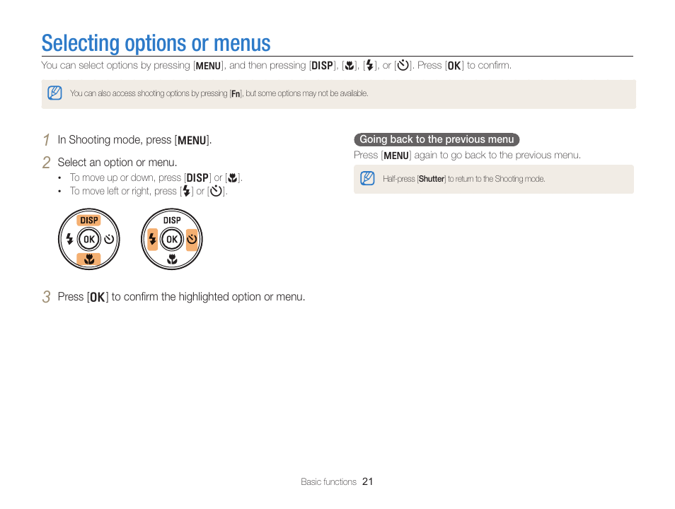 Selecting options or menus | Samsung EC-PL170ZBPBUS User Manual | Page 22 / 127