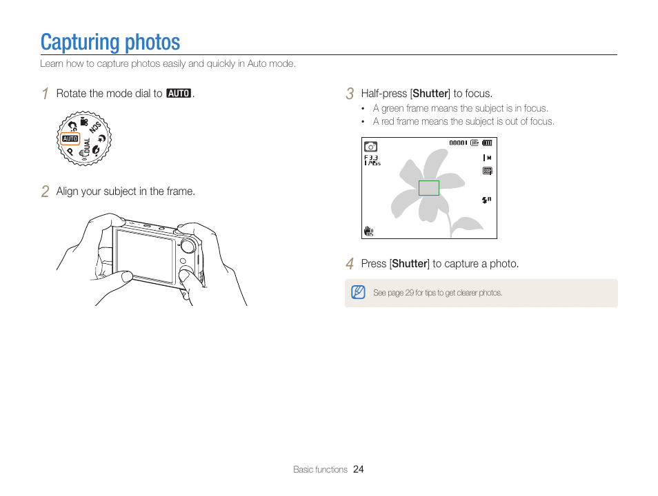 Capturing photos | Samsung EC-PL170ZBPBUS User Manual | Page 25 / 127