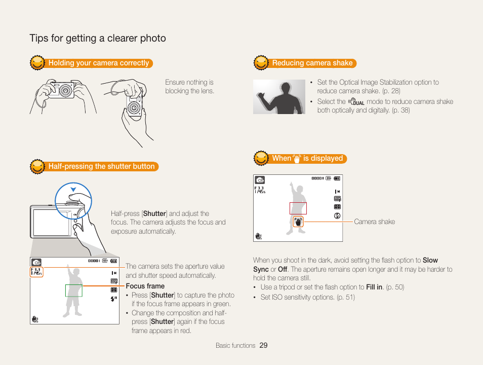 Tips for getting a clearer photo, To ensure the subject is focused. (p. 29) | Samsung EC-PL170ZBPBUS User Manual | Page 30 / 127