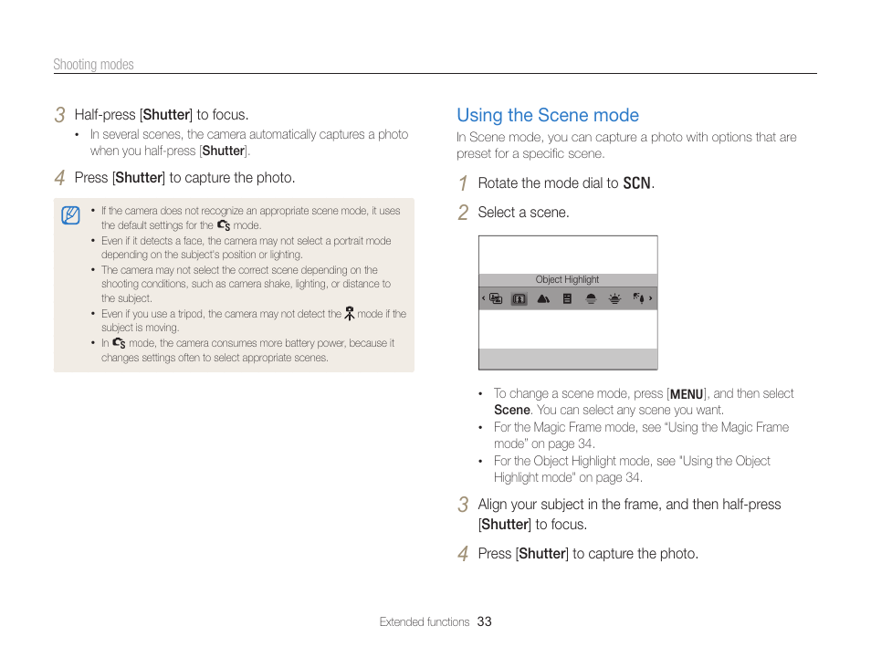 Using the scene mode, Mode. (p. 33), Using the scene mode …………………… 33 | Samsung EC-PL170ZBPBUS User Manual | Page 34 / 127