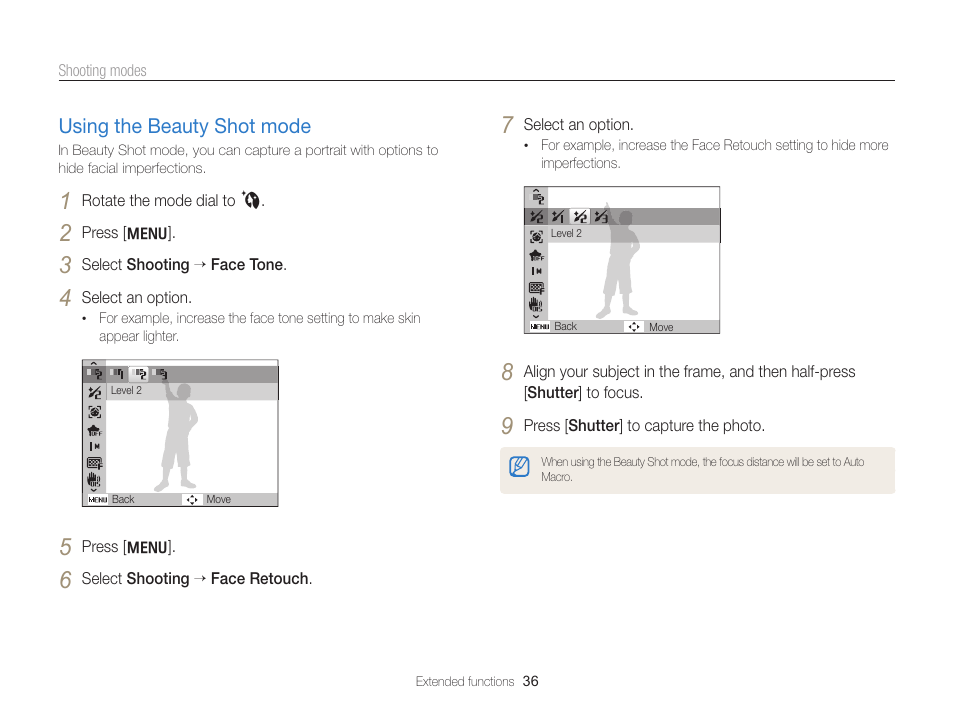 Using the beauty shot mode, Using the beauty shot mode …………… 36 | Samsung EC-PL170ZBPBUS User Manual | Page 37 / 127