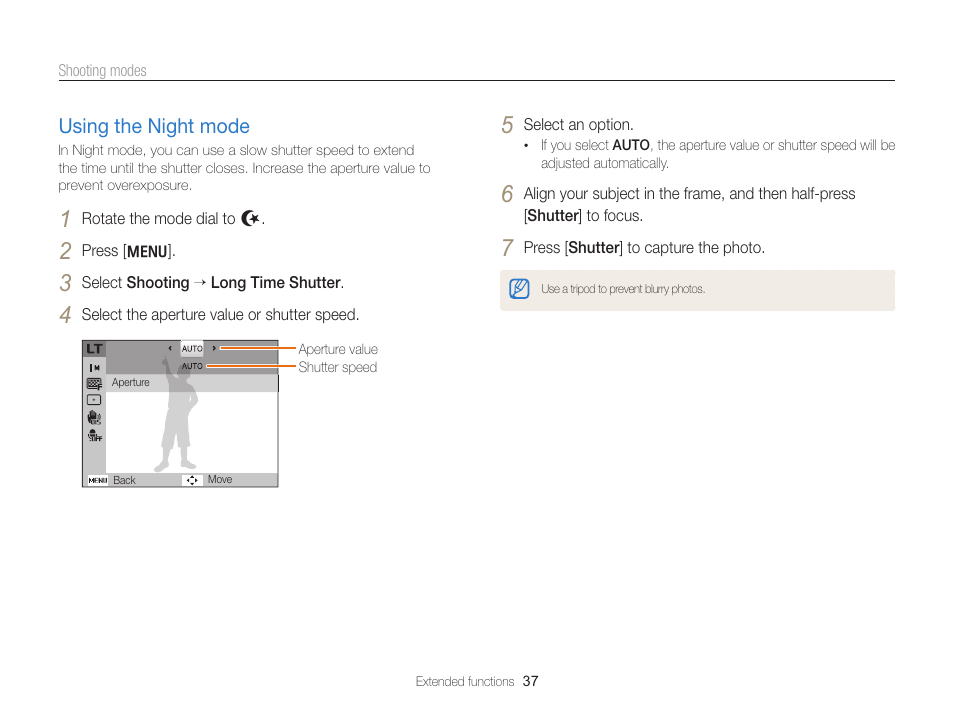 Using the night mode, P. 37), Using the night mode …………………… 37 | Samsung EC-PL170ZBPBUS User Manual | Page 38 / 127