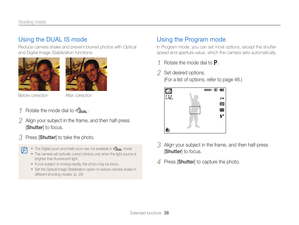 Using the dual is mode, Using the program mode, Mode. (p. 38) | Using the dual is mode ………………… 38, Using the program mode ………………… 38 | Samsung EC-PL170ZBPBUS User Manual | Page 39 / 127